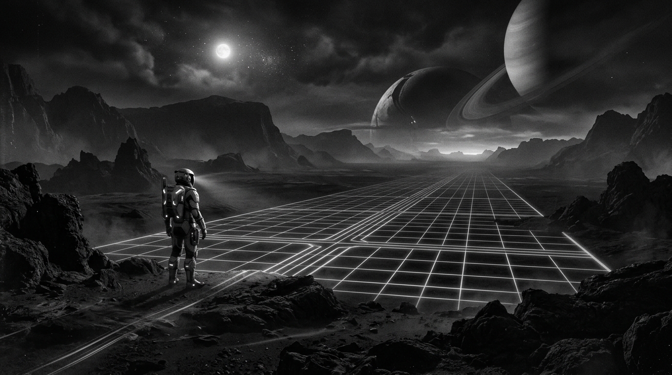 A perspective grid receding to a single marked point on the horizon