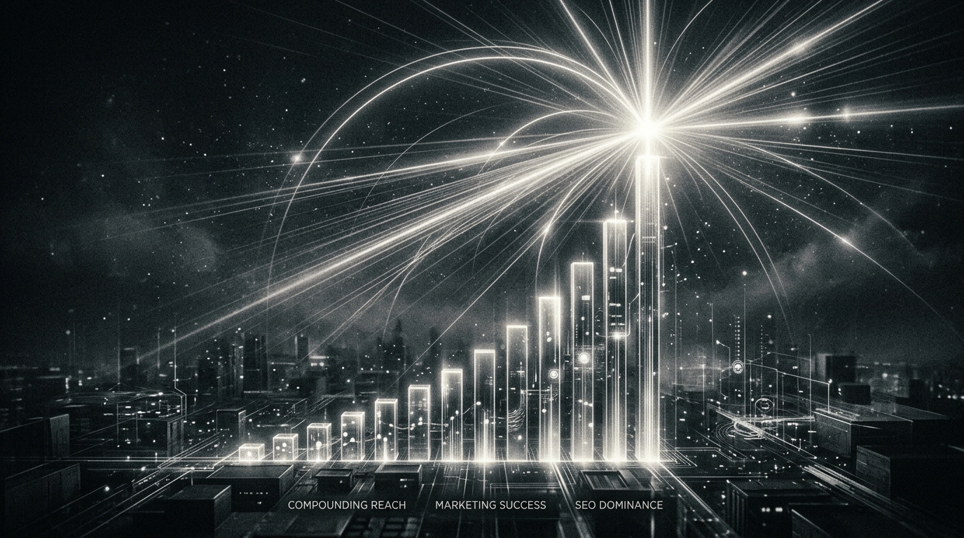 Rays and arcs radiating from a single point above a rising bar chart